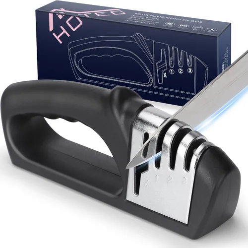 HOTEC Afilador de cuchillos 4 en 1, afilador manual de 3 etapas para afilar cuchillos de cocina, 1 etapa para tijeras, piedra de cerámica, placas de