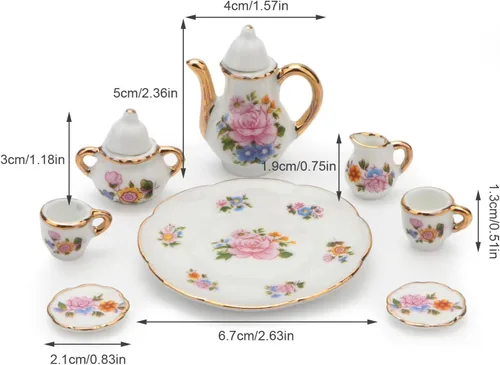Miniatura 3 de Cutemini Juego de tazas de té de porcelana en miniatura a escala 1:6, 8 piezas, patrón de flores, tetera, plato, juegos de platos, casa de muñecas