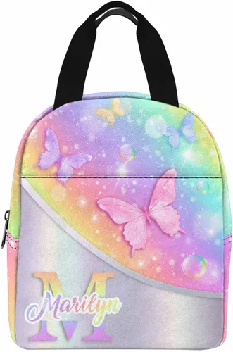 Miniatura 24 de InterestPrint Bolsa de almuerzo con nombre personalizado para hombres y mujeres, diseño de mariposa rosa y azul personalizada, caja de almuerzo