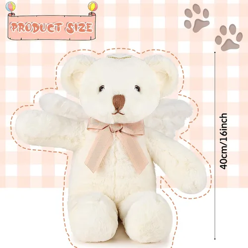 Miniatura 3 de Sratte Oso de ángel de peluche de 16 pulgadas con alas y lazo suave y lindo juguete de peluche para niños y niñas, cumpleaños, baby shower, bautizo
