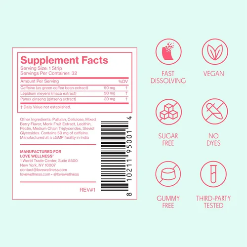 Miniatura 7 de Love Wellness Energy* Tiras de derretimiento rápido - Apoyo de energía de disolución rápida con cafeína natural y botánicos - Promueve