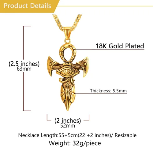 Miniatura 6 de U7 Horus Necklaces for Men Women, Stainless SteelBlackGold Plated Ankh Cross Egyptian Symbol Jewelry, Eye of Horrus Pendant with 22 Inch Chain