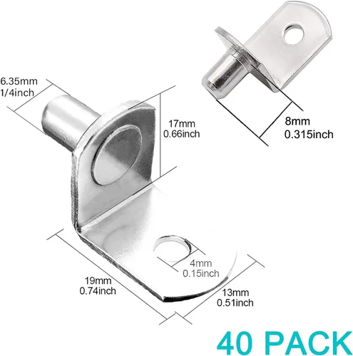 Miniatura 2 de 40 piezas de clavijas de soporte para estante, clavijas de estante de 1/4 de pulgada de diámetro con orificio, clips en forma de L chapados