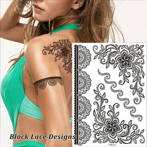 Miniatura 4 de 6 hojas de tatuajes temporales de henna negra para mujeres y niñas, calcomanías de tatuaje falsas de encaje, misterioso, sexy, mandala, flor, diseño