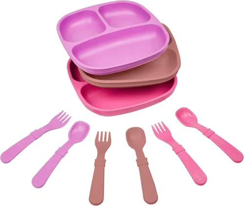 Miniatura 9 de Re-Play Juego de vajilla para niños pequeños, 3 platos divididos con 3 juegos de tenedores y cucharas, vajilla para niños sin BPA, apto