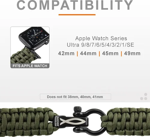 Miniatura 3 de Savior Survival Gear - Correa de repuesto para Apple Watch de 1.65”/42 mm, hecha de 550 cuerda de paracaídas con grillete ajustable de acero