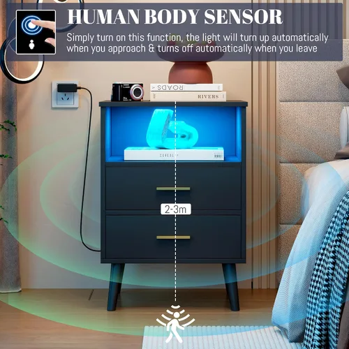 Miniatura 7 de LVSOMT Mesita de noche negra para dormitorio con estación de carga y luces LED, moderna mesita de noche con cajón oculto, mesita de noche