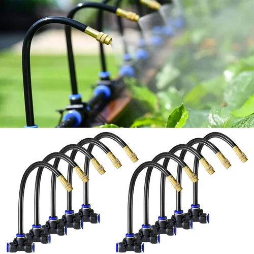 10 Pack 360° Adjustable Drip Irrigation Nozzles with Tee Connectors, Quick Connect Spray Emitters Compatible with 5/16" (8mm) Irrigation Systems for