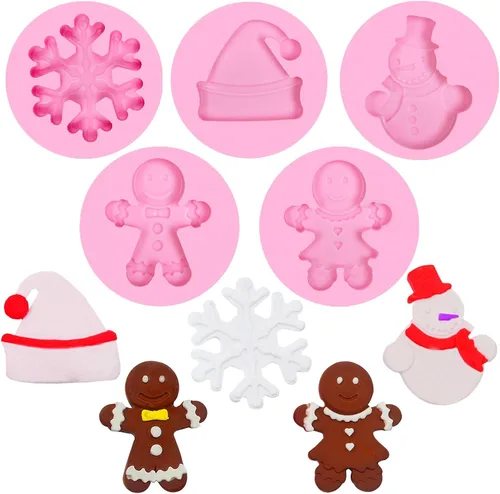 Molde de silicona de fondant de hombre de jengibre navideño, 5 paquetes con copo de nieve, Papá Noel, moldes de chocolate para hornear galletas,
