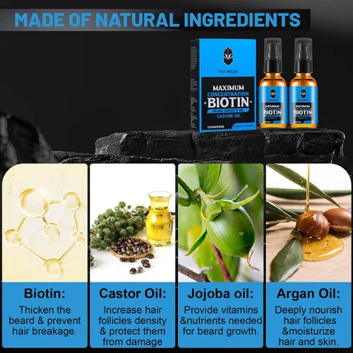 Miniatura 4 de First Melody Aceite para barba, biotina espesante maximun, con aceite de ricino y aceites de argán y jojoba, promueve el crecimiento de la barba