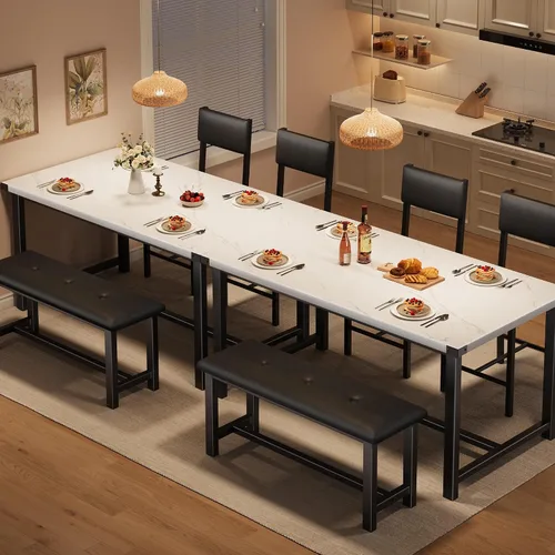 Miniatura 4 de GarveeHome Juego de mesa de comedor para 4, mesa de cocina con 2 sillas tapizadas y banco, juego de comedor de cocina de madera, para espacios
