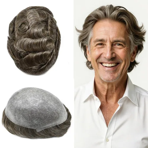 Miniatura 63 de Tupé de piel ultra fina para hombres pieza de cabello humano real sistema de reemplazo 0.002 in Mens Toupee Hairpiece para hombres V-Loop 8x10 80%