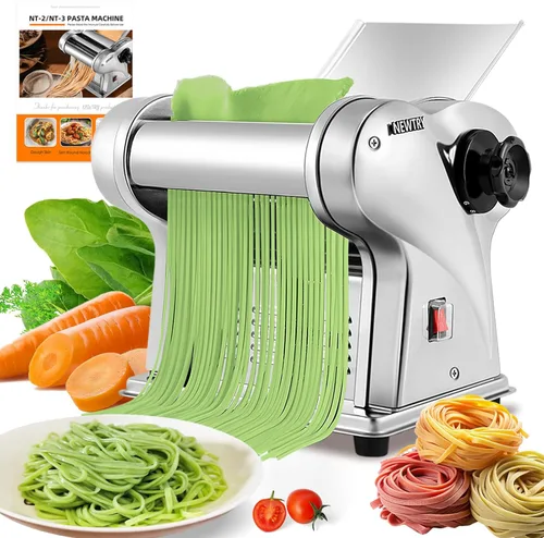 NEWTRY Máquina Eléctrica para Hacer Pasta Máquina para Hacer Fideos Máquina para Hacer Pasta Rodillo Cortador de Masa Grosor Ajustable Acero