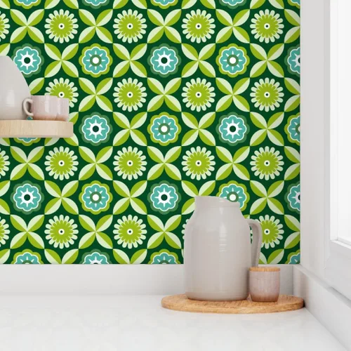 Miniatura 8 de Papel tapiz para despegar y pegar, diseño retro verde con diseño de flores vintage botánicas de los años 70 y 1960 Spoonflower