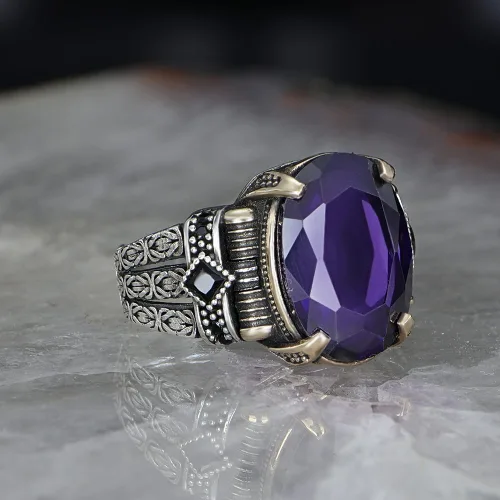 Miniatura 3 de Anillo de plata de ley 925 con diseño de cadena bizantina con piedra de amatista para hombre, hecho a mano para hombre, anillo de piedra amatista