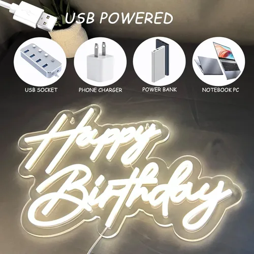 Miniatura 6 de Letrero de neón de feliz cumpleaños para decoración de pared, luces LED de neón blancas cálidas de 17×12 pulgadas, letrero de luz de neón de feliz