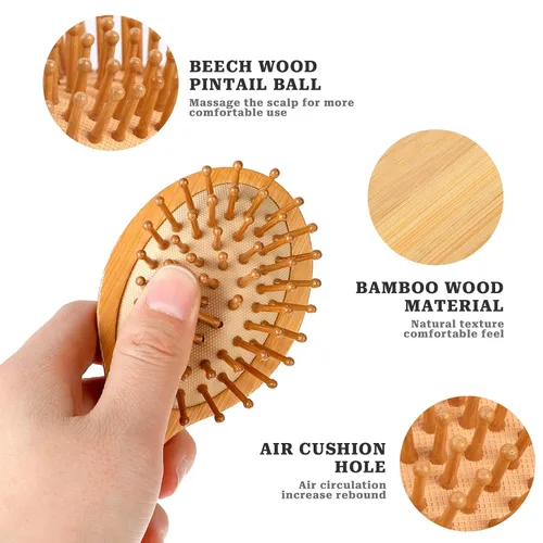 Miniatura 2 de Mini cepillo de bambú para el crecimiento del cabello, cepillo masajeador de madera natural con diseño de mango y pasadores de madera redondos