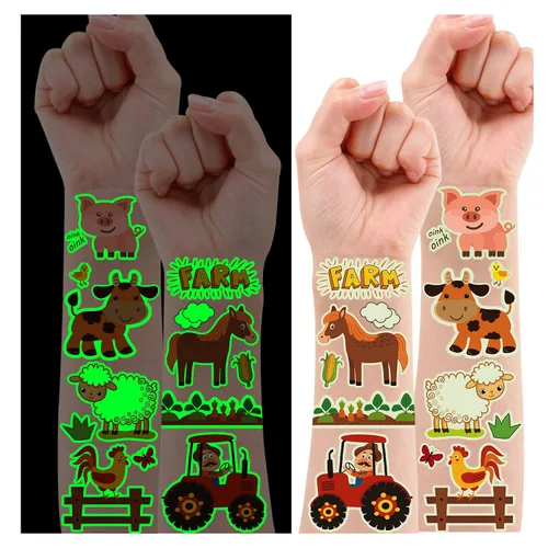 Partywind 165 estilos brillantes de animales de granja suministros para fiesta de cumpleaños, tatuajes temporales para niños, decoraciones luminosas