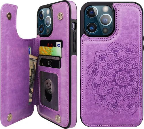 Vaburs Funda compatible con iPhone 13 Pro Max con tarjetero y diseño de mandala en relieve, de piel sintética, doble botones, a prueba de golpes,