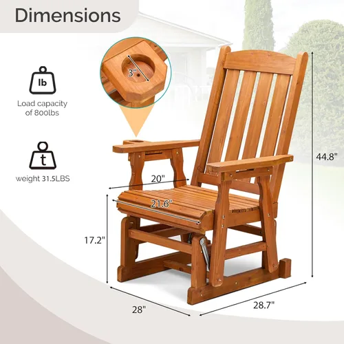 Miniatura 3 de VINGLI Planeador de madera para patio, resistente de 600 libras para exteriores con portavasos, banco de madera individual con respaldo alto