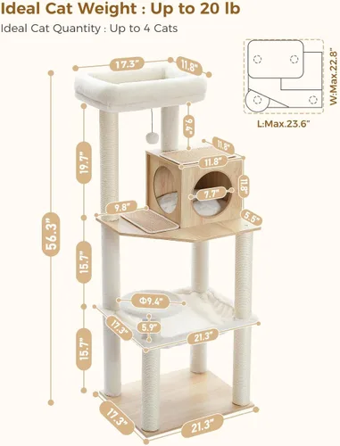 Miniatura 4 de PETEPELA Árbol de Madera para Gatos de Interior Torre de Múltiples Niveles con Postes Rascadores Cubiertos de Sisal, Condominio Acogedor, Hamaca