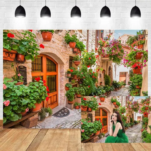 Miniatura 6 de Leyiyi Telón de fondo de flores de primavera de 9 x 6 pies con diseño de aliados de pueblo italiano, flores, arquitectura medieval, vacaciones
