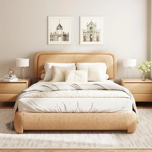 Miniatura 14 de Base de cama Boucle tamaño King, plataforma tapizada en nube con cabecero ajustable en altura y esquinas redondeadas suaves, no necesita somier, sin