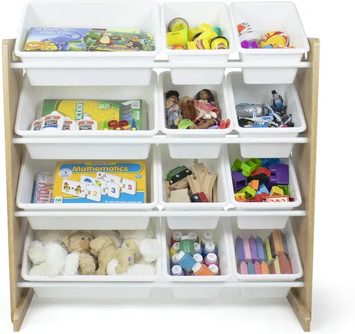 Miniatura 5 de Humble Crew, Organizador de juguetes para niños de madera natural/blanco con 12 contenedores de almacenamiento y 4 niveles, estante de libros