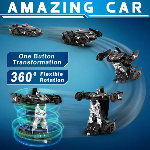 Miniatura 2 de FDJ - Auto a control remoto que se transforma en robot, transformación con un botón a robot con luz intermitente, juguete de policía para niños