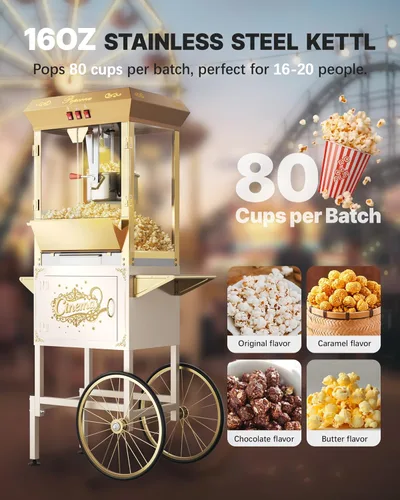Miniatura 2 de Máquina de palomitas de maíz comercial mejorada de 16 onzas con carrito, máquina grande de palomitas de maíz que hace hasta 80 tazas, máquina