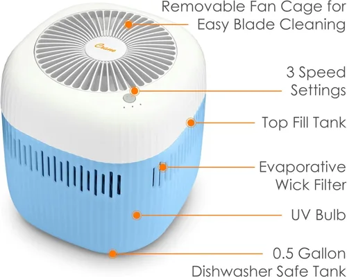 Miniatura 3 de Crane Humidificador evaporativo, filtro de mecha, tanque apto para lavavajillas, luz UV, sin polvo blanco, silencioso, dormitorio, guardería, tanque