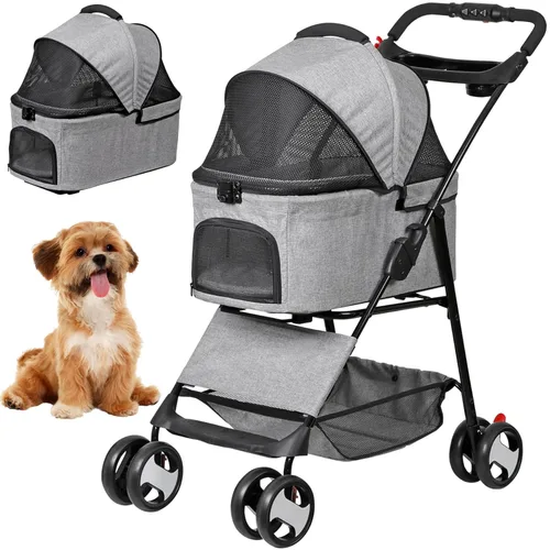 ZENY Cochecito para mascotas, cochecito plegable 3 en 1 para perros y gatos con 4 ruedas, cesta desmontable y soporte para tazas, transportador Gris