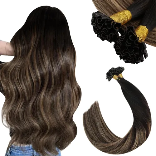Ugeat - Extensiones de cabello humano con punta en U de 22 pulgadas, estilo balayage, de color marrón natural con mezcla de negro a marrón oscuro y