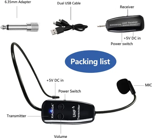 Miniatura 7 de Auriculares inalámbricos UHF con micrófono: Sistema de micrófono de cabeza inalámbrico, micrófonos con carga USB-C, rango de 164 pies