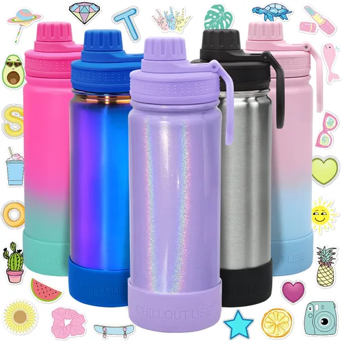 CHILLOUT LIFE Botella de agua aislada para niños de 17 onzas para la escuela con tapa de boquilla a prueba de fugas y bonitas calcomanías Púrpura
