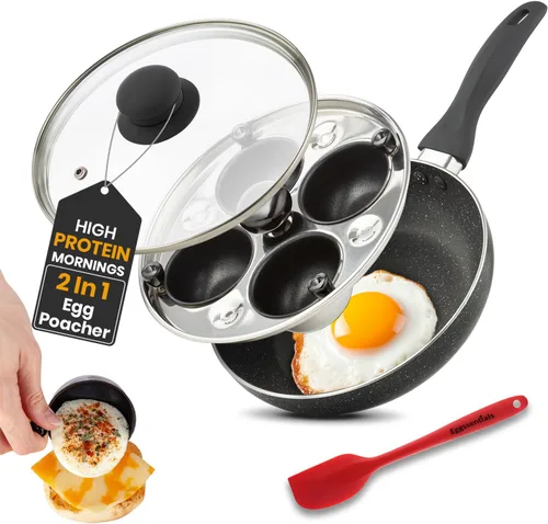 Eggssentials Sartén para huevos 2 en 1 y cacerola escalfadora de huevos, sartén antiadherente de granito escalfador de huevos y sartén para freír