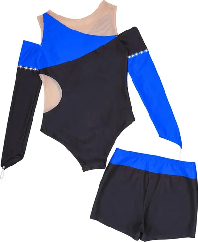 Miniatura 25 de JEATHA Conjunto de 2 piezas de leotardo de gimnasia de manga larga con hombros descubiertos y pantalones cortos atléticos para niñas