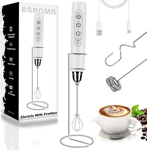 Miniatura 21 de BSRGMS Espumador de leche de mano para café, batidor eléctrico de 3 velocidades ajustables, mezclador de bebidas con 3 batidores de acero