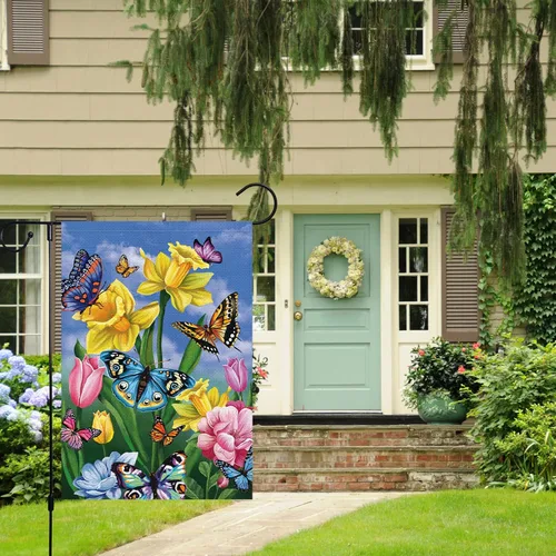 Miniatura 2 de Louise Maelys Bandera de jardín de narcisos de primavera de 12 x 18 pulgadas, doble cara, arpillera pequeña, mariposa, floral, bienvenida, patio