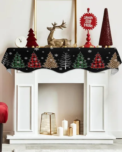 Miniatura 5 de Bufanda de manto de 90 x 17 pulgadas, diseño de rejilla de búfalo negro de Navidad, árbol de Navidad, chimenea, mantel, cubierta de mantel