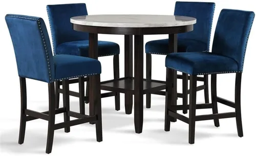 New Classic Furniture Celeste - Juego de encimera redonda de mármol sintético de 5 piezas con 1 mesa y 4 sillas, 42 pulgadas, color azul