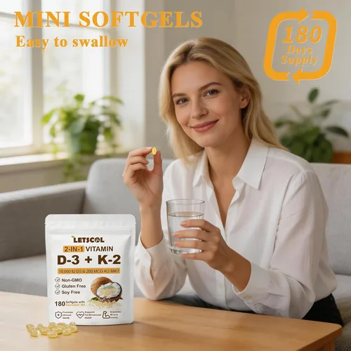 Miniatura 5 de Suplemento de vitamina D3 K2 2 en 1 Softgel, vitamina D3 10000 UI y vitamina K2 200 mcg, K2 MK7 con suplemento de vitamina D3 que apoya la salud
