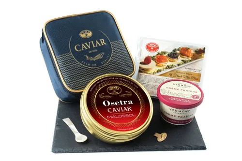 OLMA Osetra - Juego de regalo de caviar – Incluye 8.82 oz de estaño de metal de huevas de pescado Osetra, Mini Blinis, Creme Fraiche y cuchara de