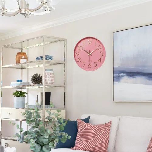 Miniatura 5 de Reloj de pared de 12 pulgadas, silencioso de cuarzo, funciona con pilas, para el hogar, cocina, oficina, escuela, sala de estar, decoración Rosa-rosa