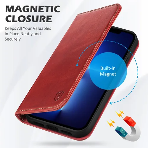 Miniatura 7 de SHIELDON Funda tipo cartera para iPhone 13 de 6.1 pulgadas, estuche tipo folio de piel auténtica con función atril y bloqueo RFID, ranuras para Rojo