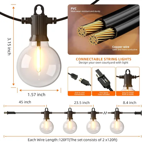 Miniatura 6 de Kawaya Tira de luces LED de 240 pies para exteriores, impermeable, regulable, G40, globo G40, iluminación para exteriores con 120 + 4 bombillas