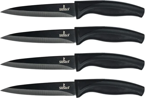 SiliSlick Juego de cuchillos para carne de acero inoxidable, cuchillos de cocina coloridos con revestimiento de titanio con borde recto, suave y