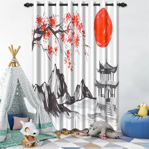 Miniatura 82 de Cortinas japonesas con pintura de tinta, monte Fuji, sol rojo, puesta de sol, hojas de bambú, cortinas de ventana para dormitorio, sala de estar