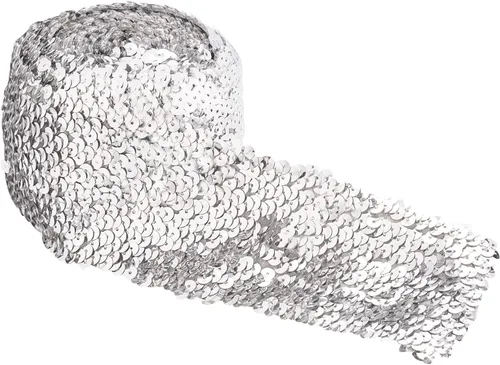 Miniatura 9 de FINGERINSPIRE Cinta de lentejuelas elásticas doradas de 5.5 yardas y 3 pulgadas de ancho, lentejuelas planas, ribete de encaje, cinta elástica Dorado