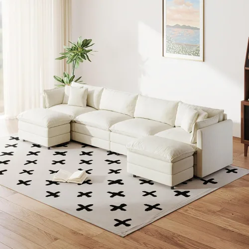 Miniatura 56 de Setawix Sofá Profundo de 3 Plazas con Otomana, Sofás de Nube en Forma de L de 112.2" para Sala de Estar, Sofá de Nube de Chenilla con Asiento Café